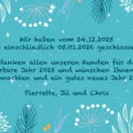 Wir danken allen unseren Kunden für dieses wunderbare Jahr und wünschen Ihnen fröhliche Weihnachten und ein gutes neues Jahr.